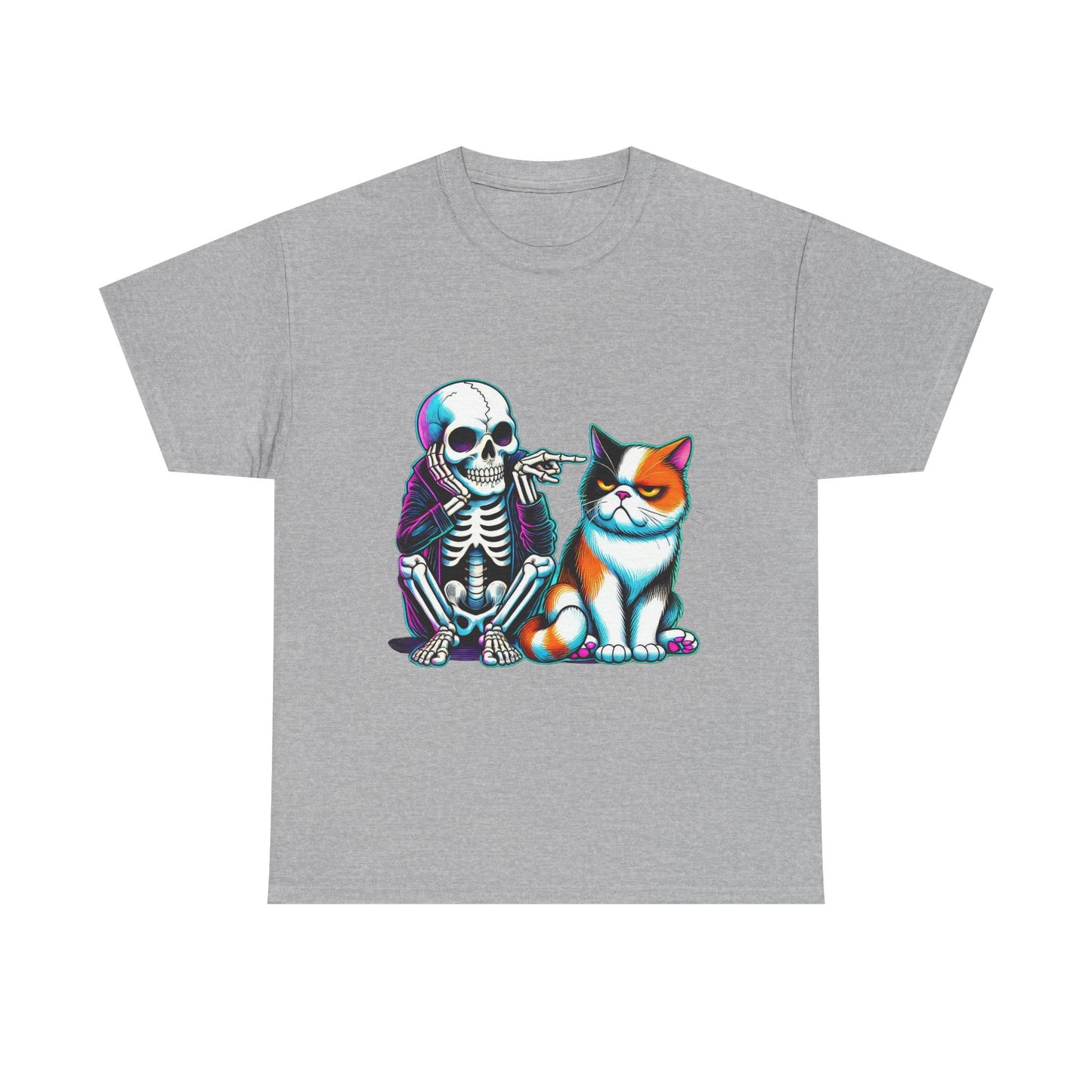 Skeleton & Cat Graphic Tee — Retro Neon Spooky Cat Shirt