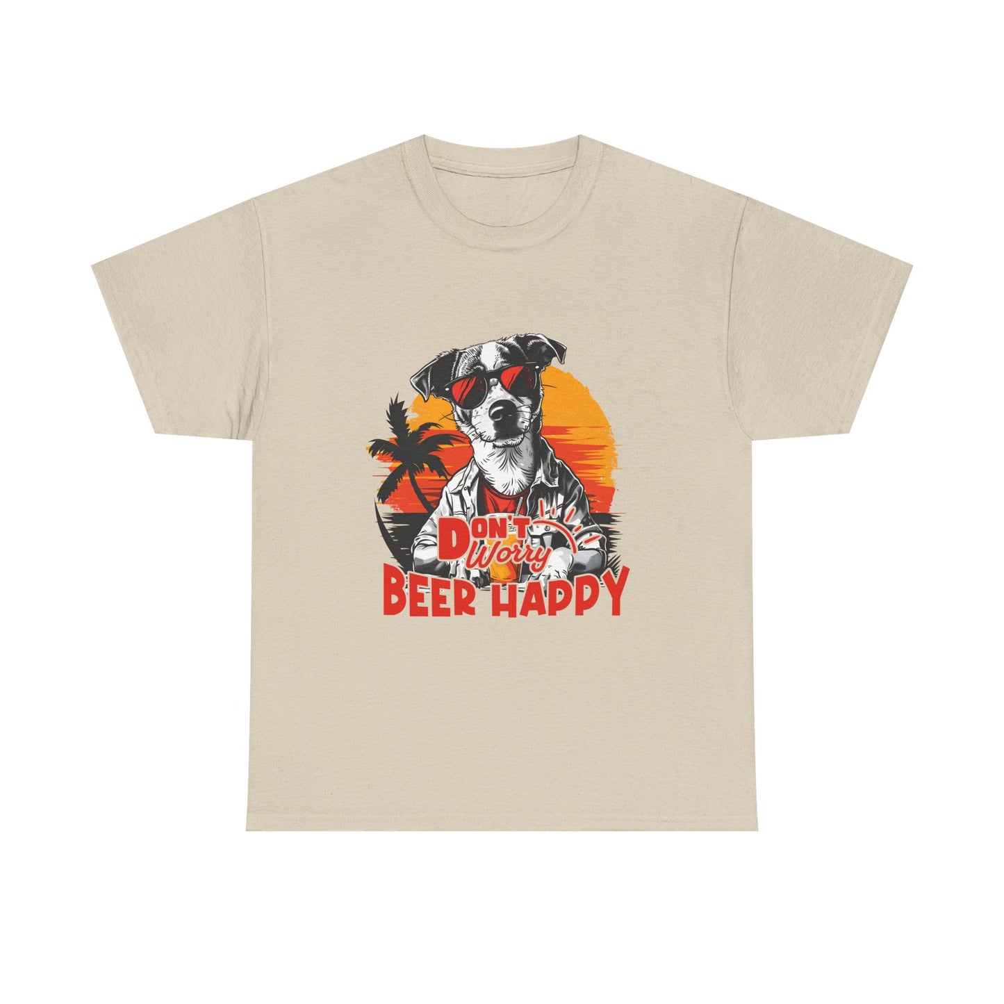 Dog With Beer T-Shirt - "Don't Worry Beer Happy" Retro Sunset Tee
