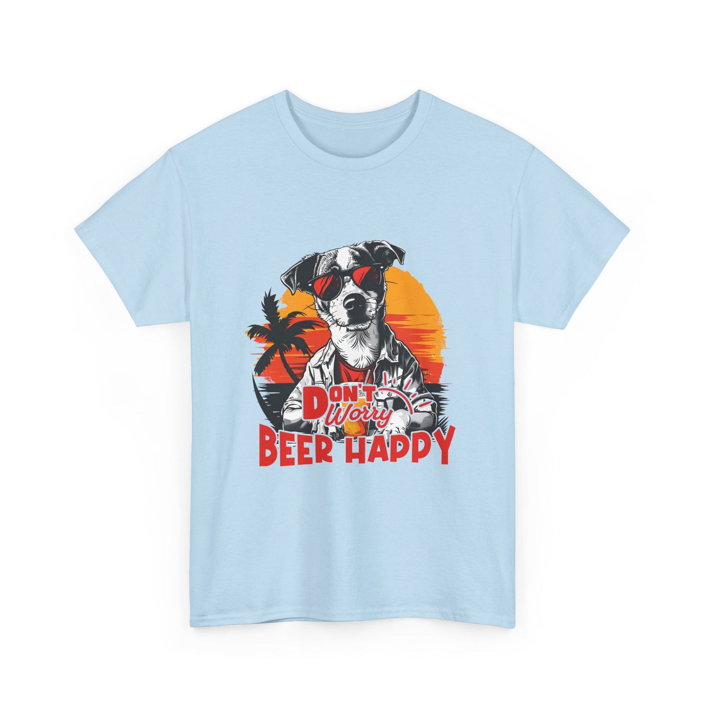 Dog With Beer T-Shirt - "Don't Worry Beer Happy" Retro Sunset Tee