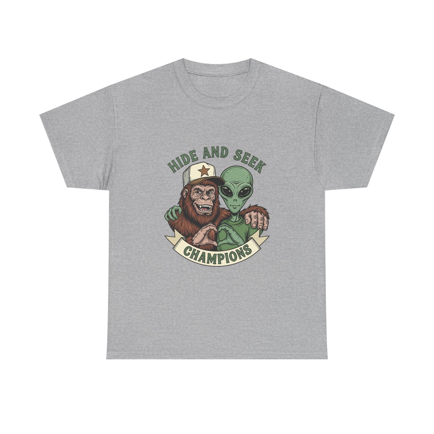 Hide and Seek Champions T-Shirt — Bigfoot & Alien Graphic Tee