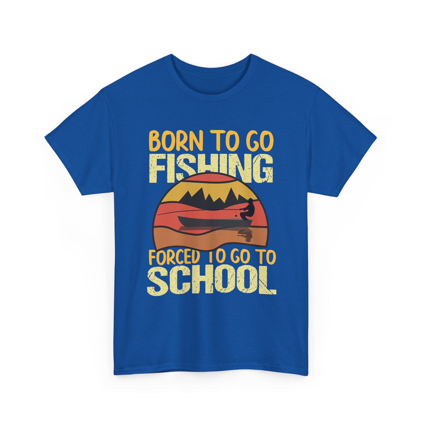 Fishing Graphic Tee - "Born to Go Fishing, Forced to Go to School" Retro Sunset T-Shirt for Kids & Teens