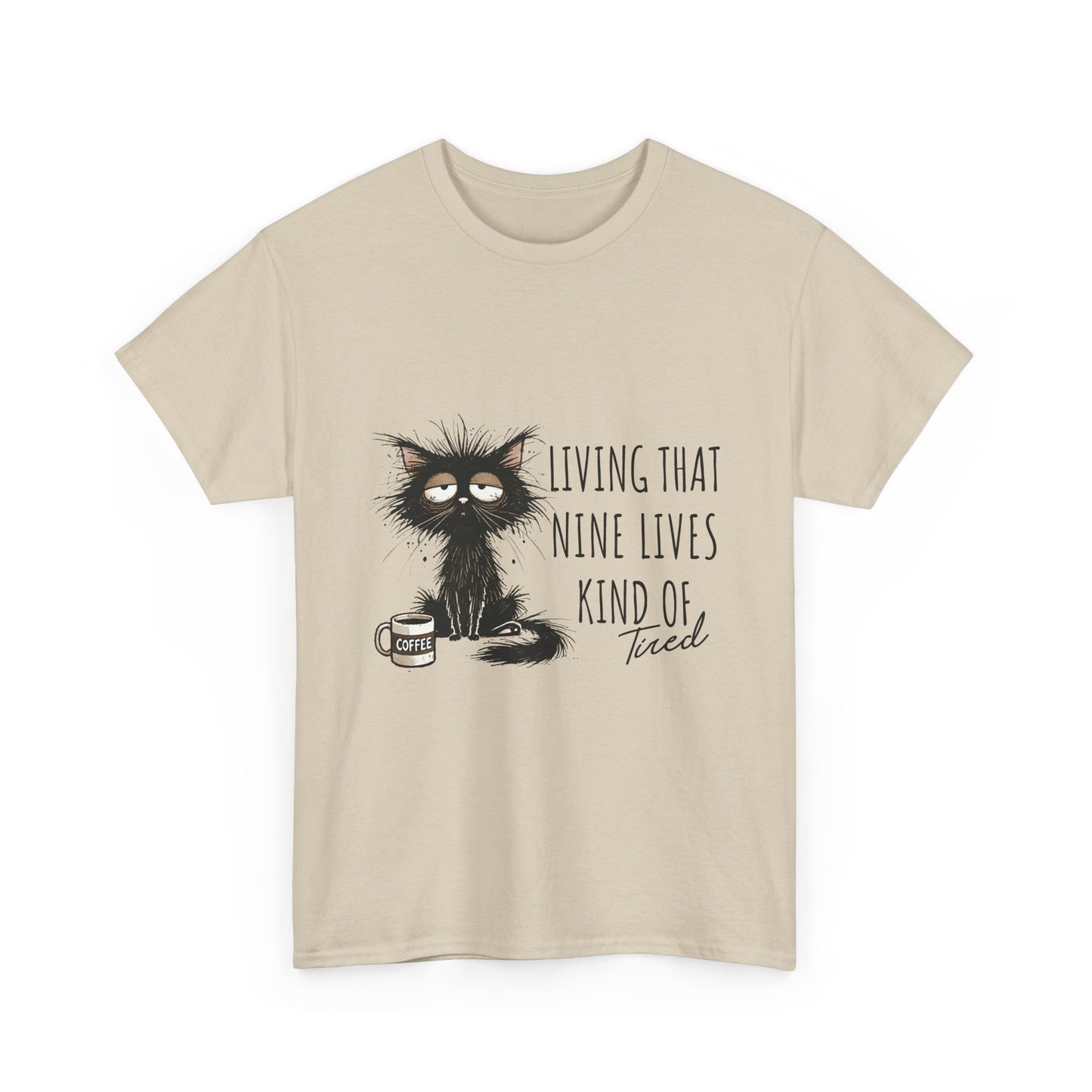 Cat T-Shirt - "Living That Nine Lives Kind of Tired" Graphic Tee, Funny Coffee Cat Shirt for Cat Lovers