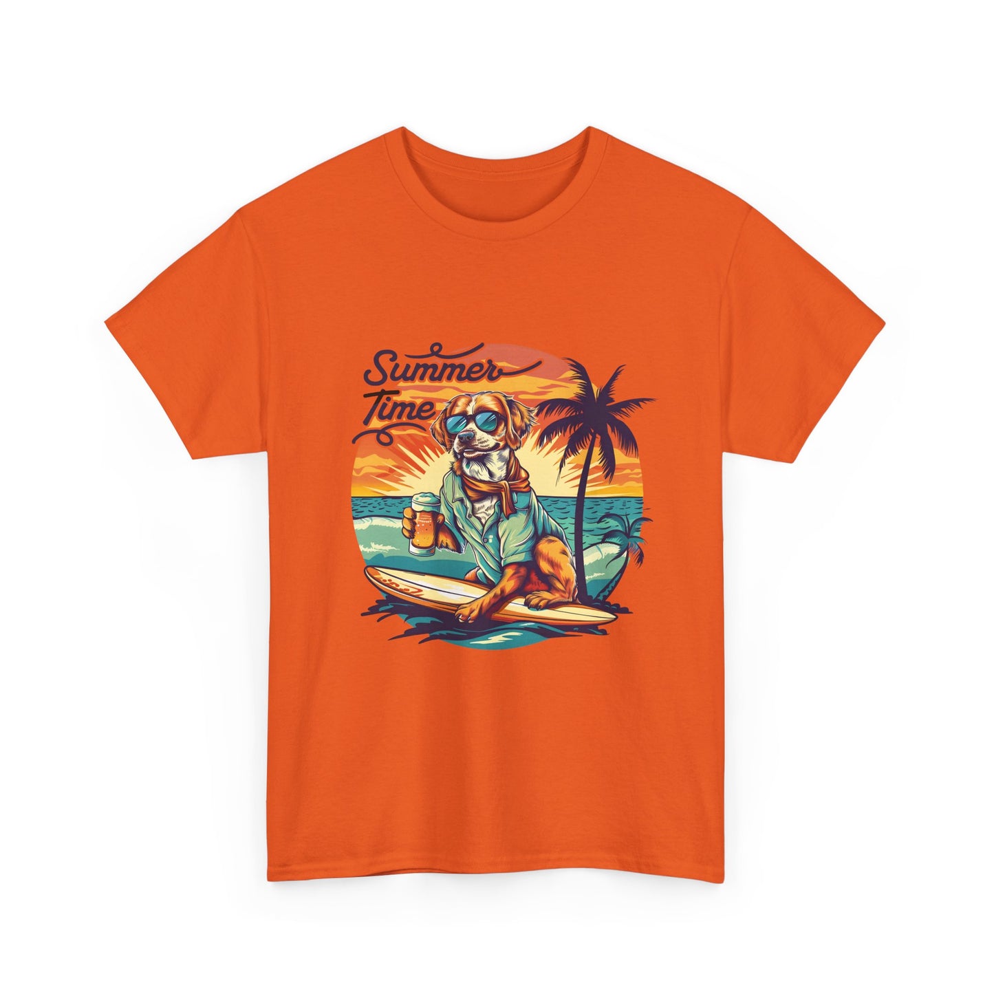 Summer Time Surfer Dog T‑Shirt — Vintage Beach Palm Surfing Dog Tee
