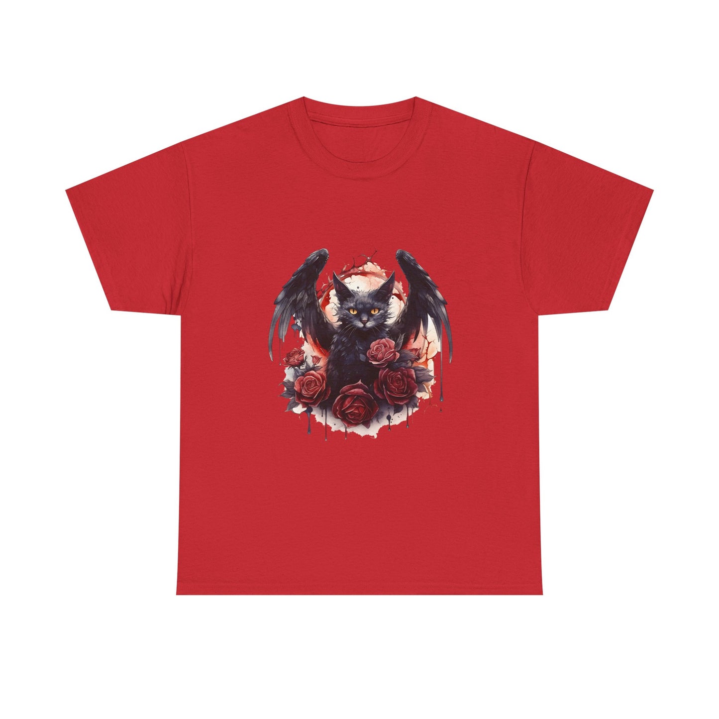Cat Demon Tee — Gothic Bat-Wing Cat with Roses Graphic Shirt