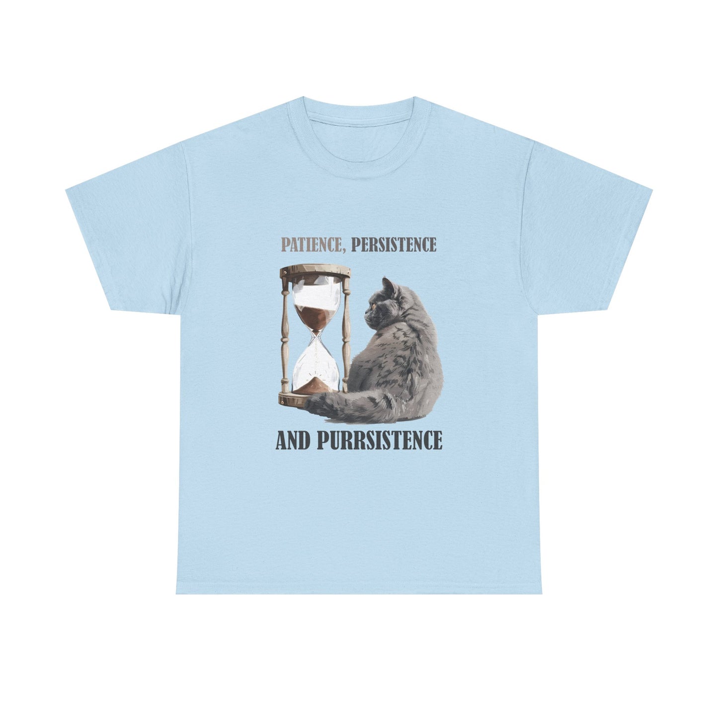 Cat Hourglass T‑Shirt — "Patience, Persistence and Purrsistence" Funny Cat Tee