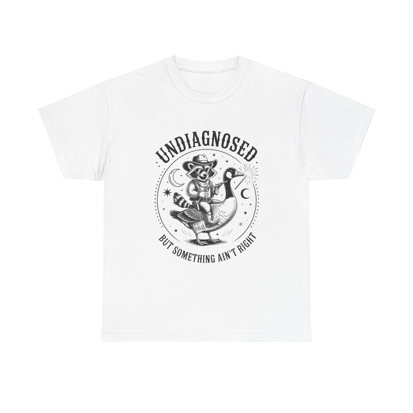 Undiagnosed But Something Ain't Right T-Shirt — Funny Retro Raccoon Riding Goose Tee