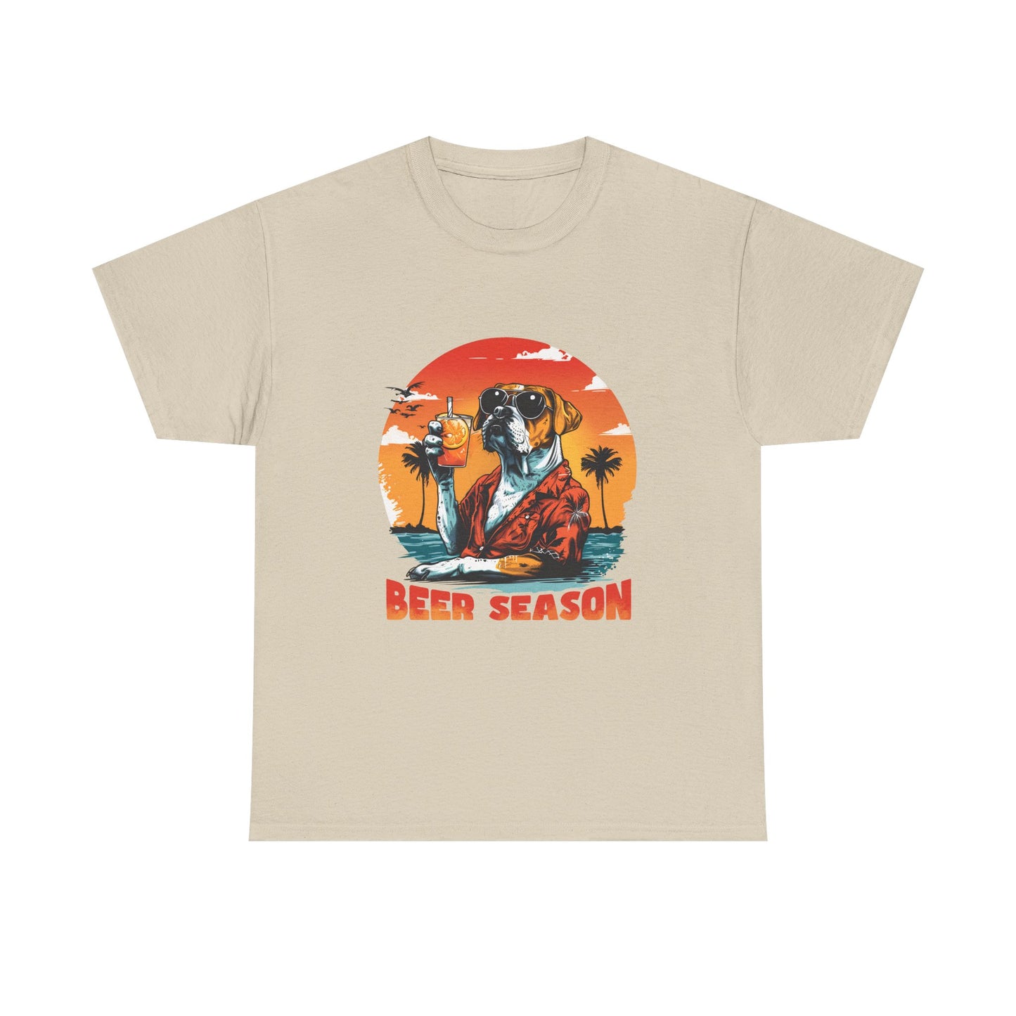 Beer Season T-Shirt — Vintage Sunset Dog Holding Beer