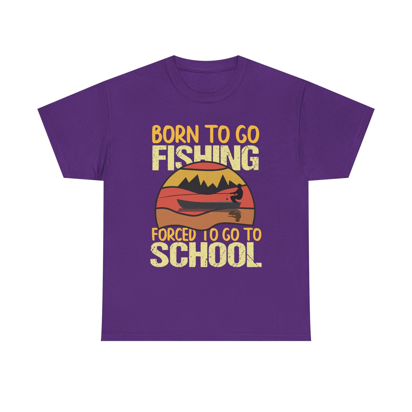 Fishing Graphic Tee - "Born to Go Fishing, Forced to Go to School" Retro Sunset T-Shirt for Kids & Teens