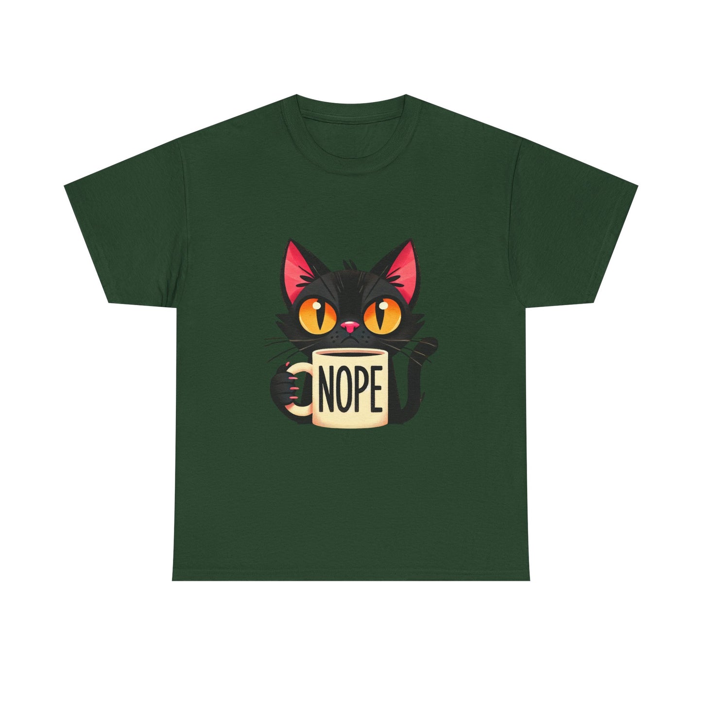 Cat 'Nope' T-Shirt — Cute Black Cat Holding 'NOPE' Mug Graphic Tee