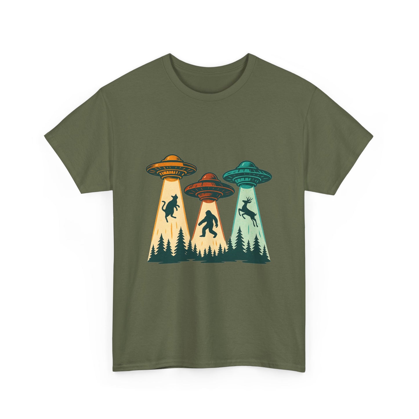 Alien Abduction UFO Tee — Retro Forest Beams T‑Shirt