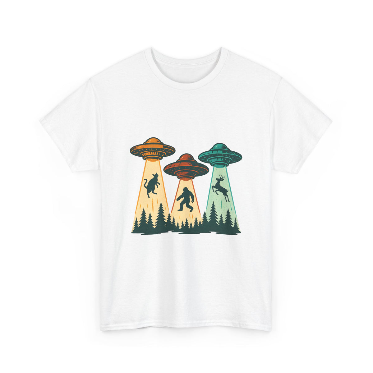 Alien Abduction UFO Tee — Retro Forest Beams T‑Shirt