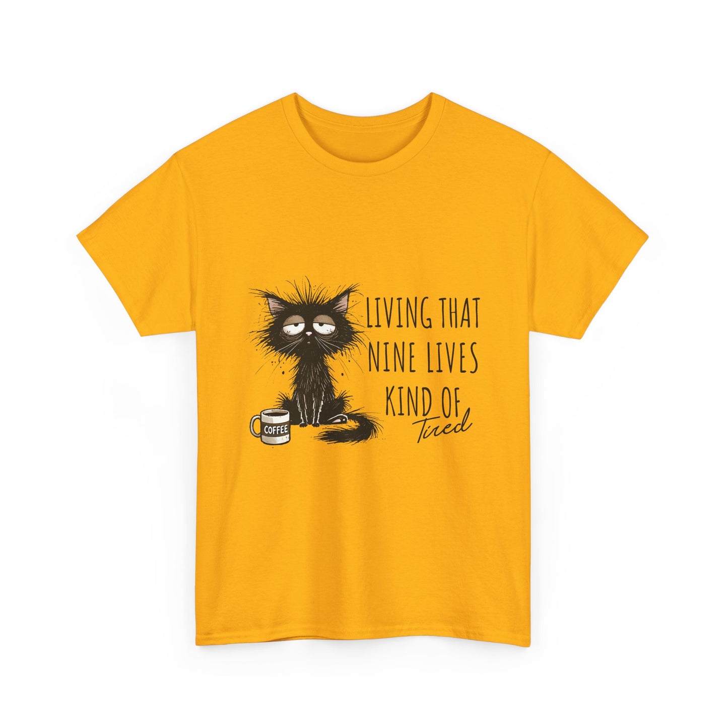 Cat T-Shirt - "Living That Nine Lives Kind of Tired" Graphic Tee, Funny Coffee Cat Shirt for Cat Lovers