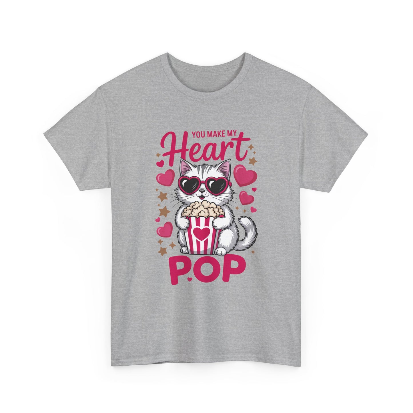T-Shirt — "You Make My Heart Pop" Cute Cat Popcorn