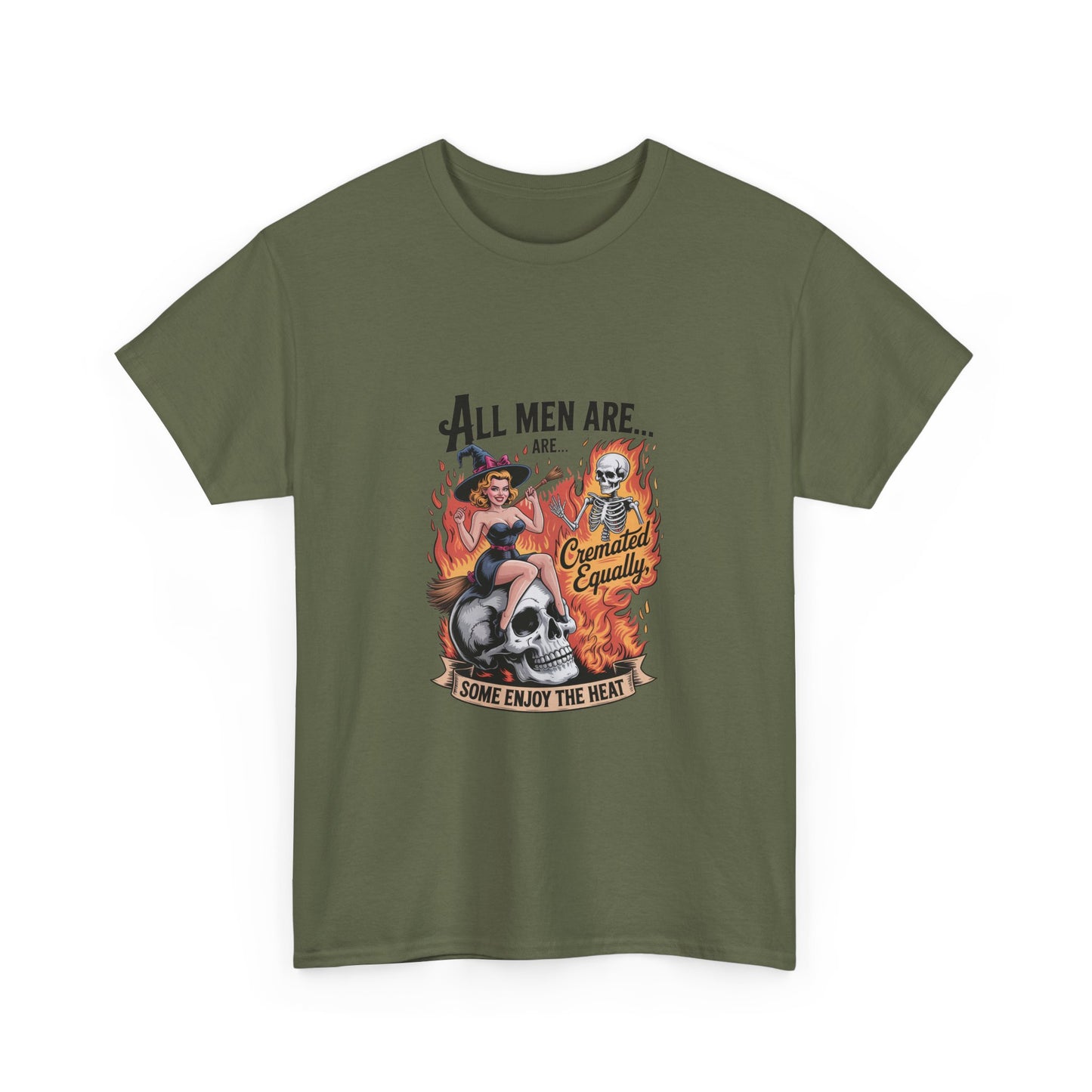 Graphic Tee — "All Men Are... Some Enjoy the Heat" Retro Pinup Flames Design