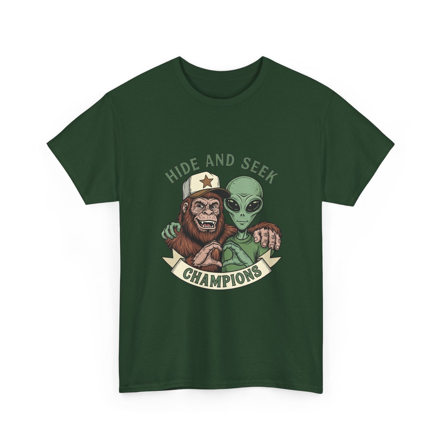 Hide and Seek Champions T-Shirt — Bigfoot & Alien Graphic Tee