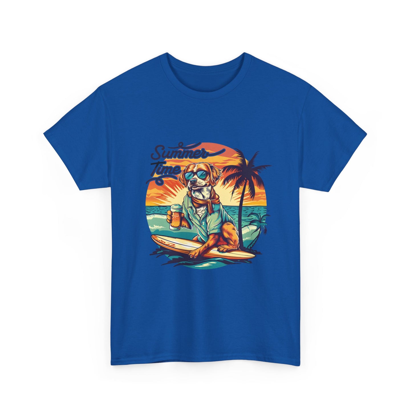 Summer Time Surfer Dog T‑Shirt — Vintage Beach Palm Surfing Dog Tee