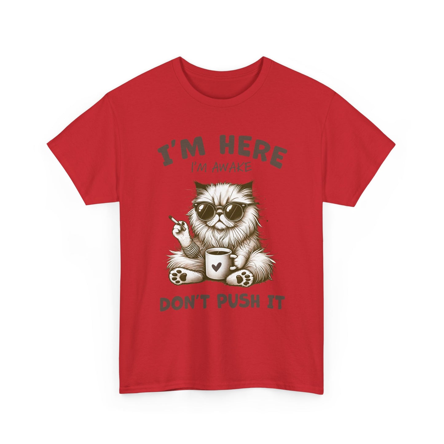 I'm Here I'm Awake Don’t Push It Cat T-Shirt — Funny Coffee Cat Tee for Cat Lovers