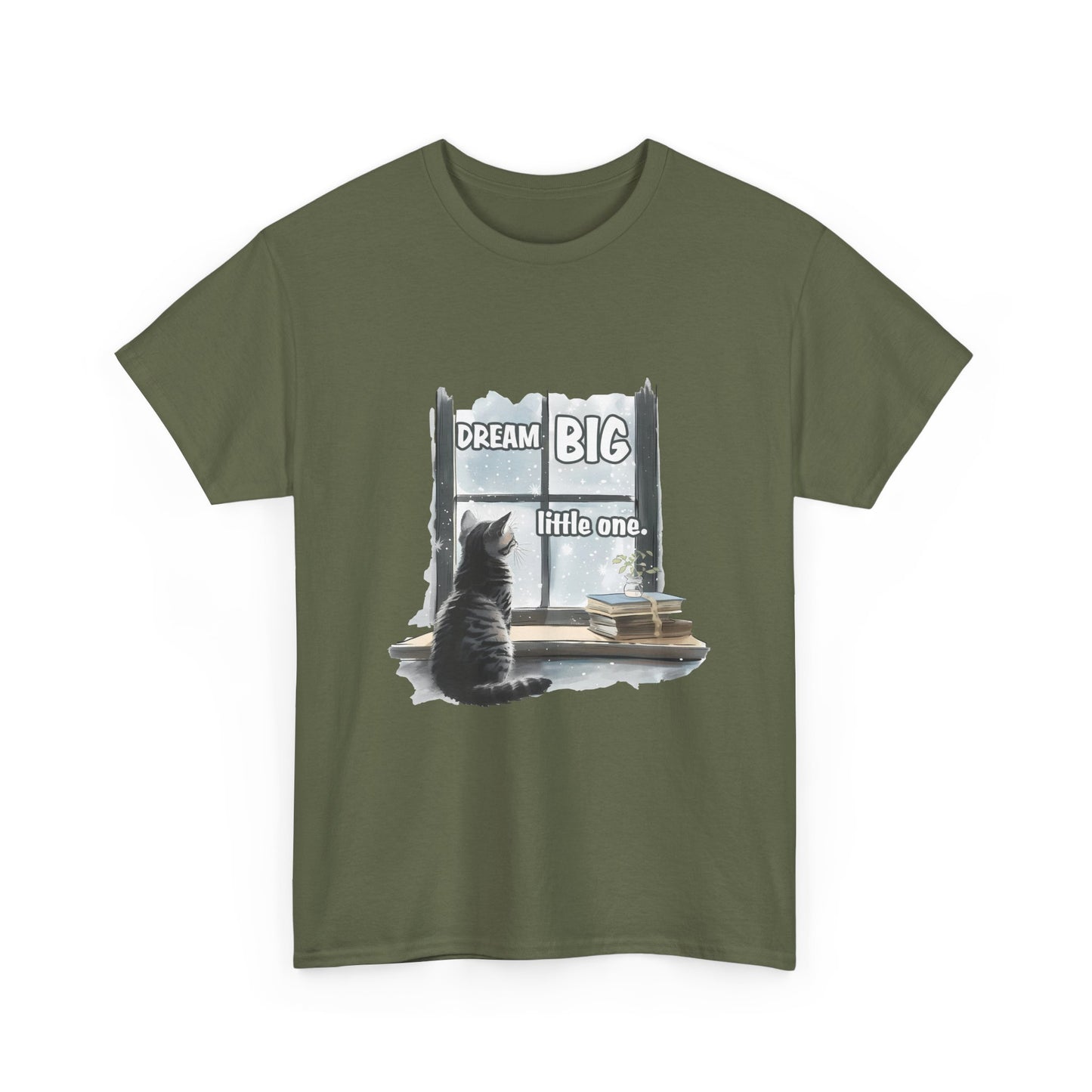 Dream Big Little One T‑Shirt — Cat at Window Inspirational Kids Tee