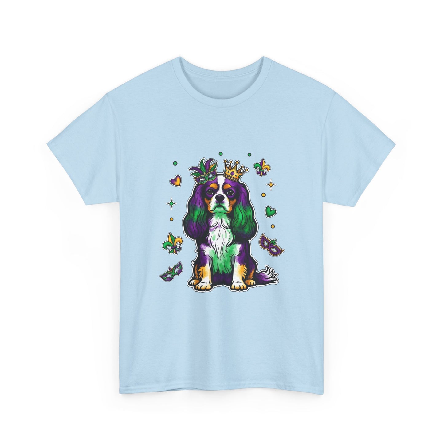 Mardi Gras Cavalier King Charles Dog T‑Shirt — King & Mask Festival Tee