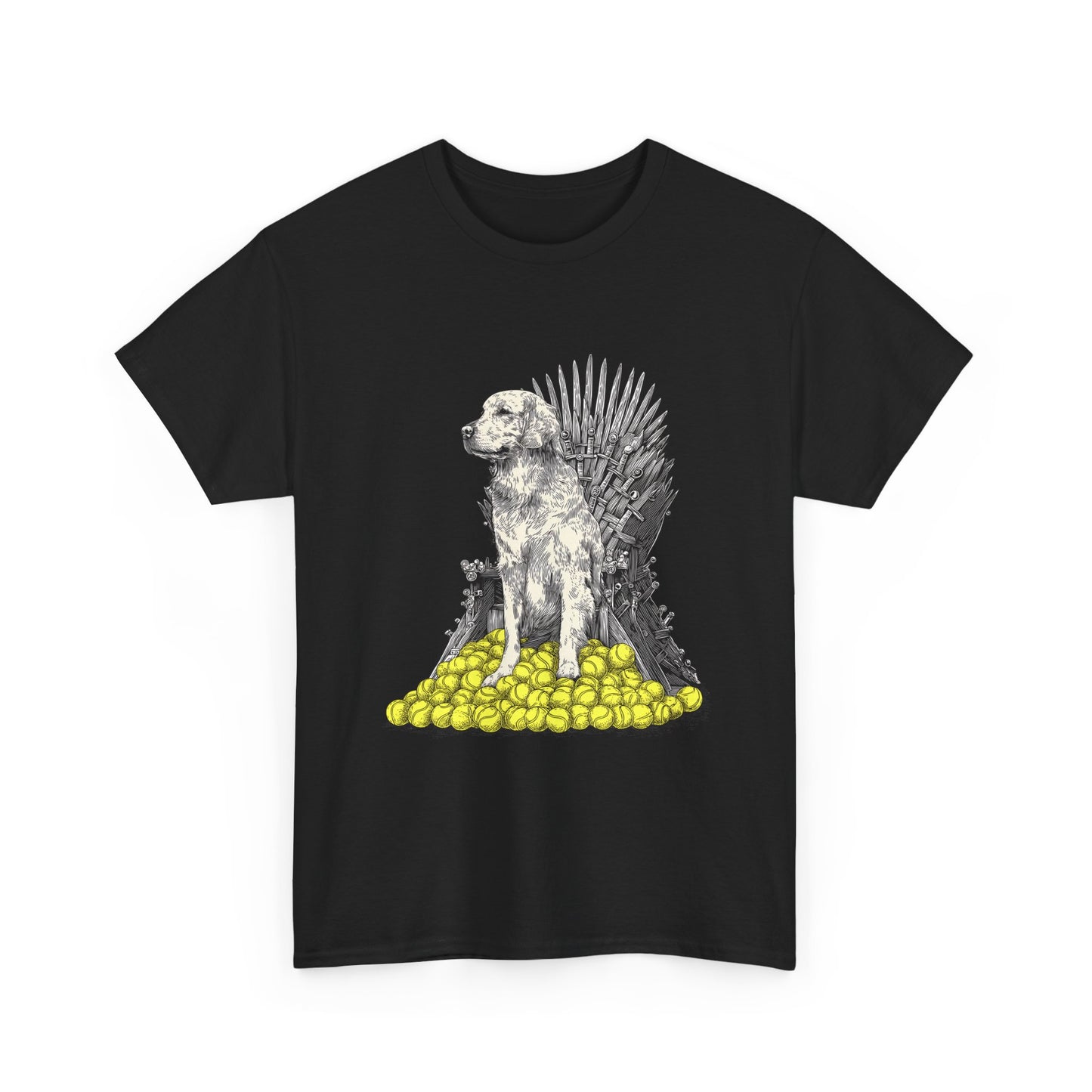 Dog Throne T‑Shirt — Dog on Iron Throne of Tennis Balls Graphic Tee
