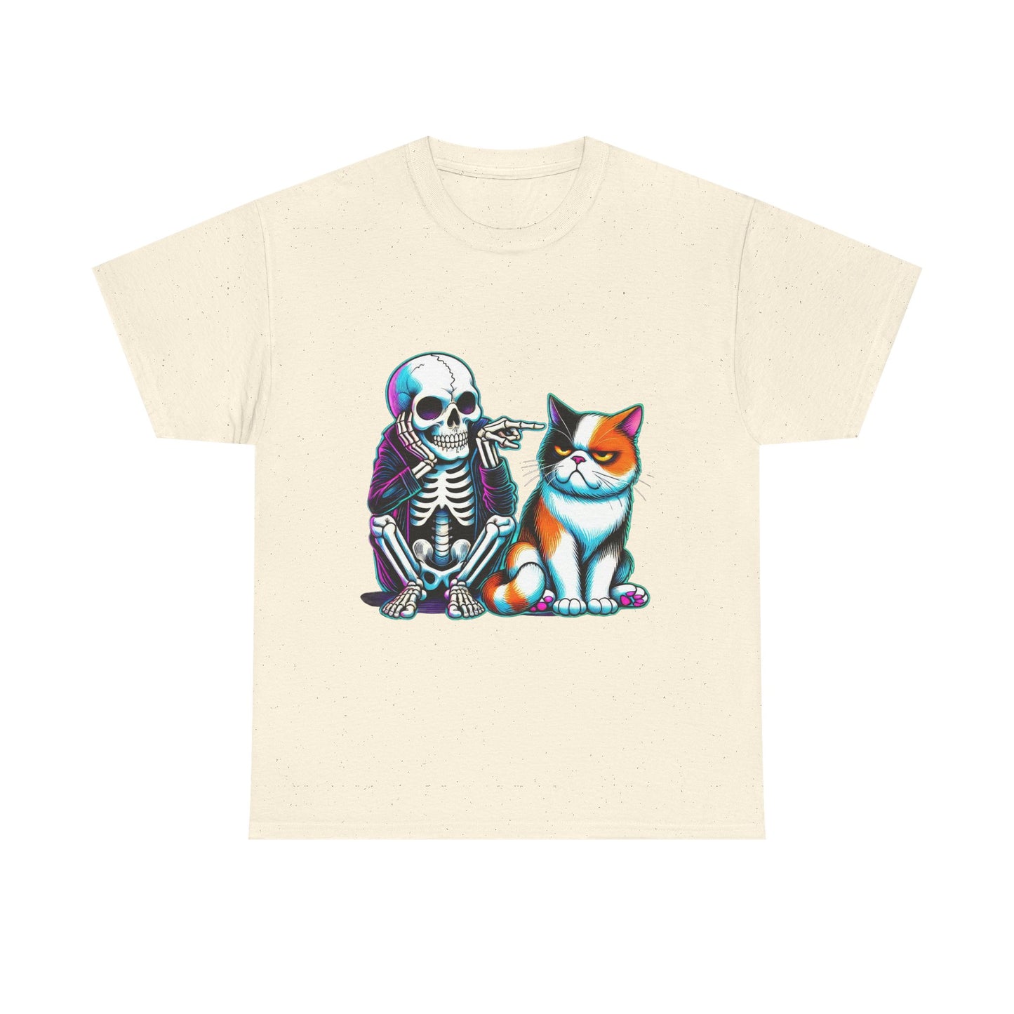Skeleton & Cat Graphic Tee — Retro Neon Spooky Cat Shirt