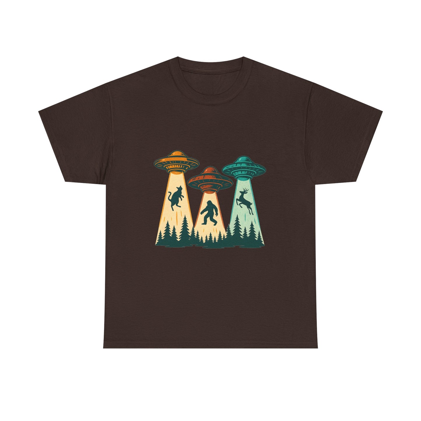 Alien Abduction UFO Tee — Retro Forest Beams T‑Shirt