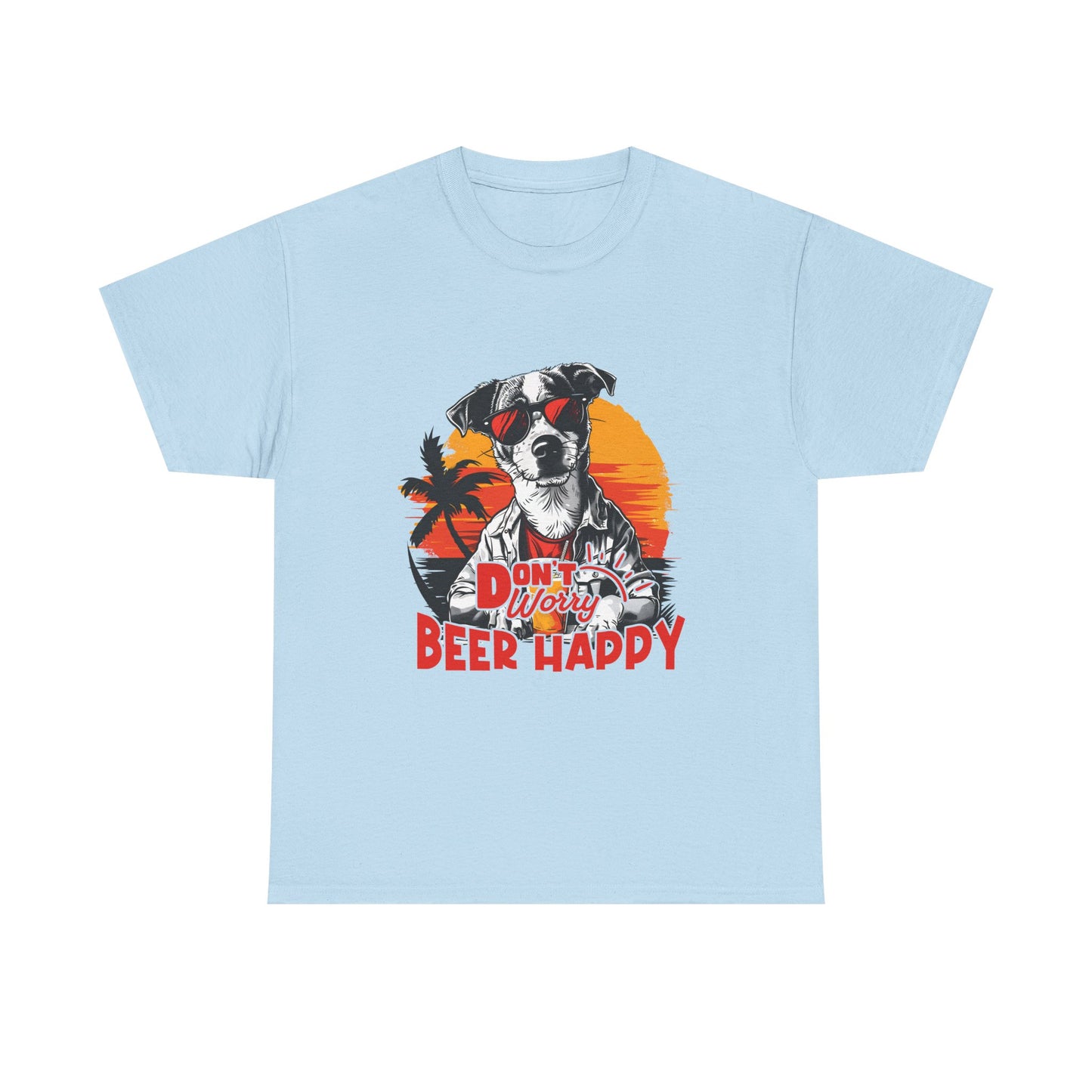 Dog With Beer T-Shirt - "Don't Worry Beer Happy" Retro Sunset Tee
