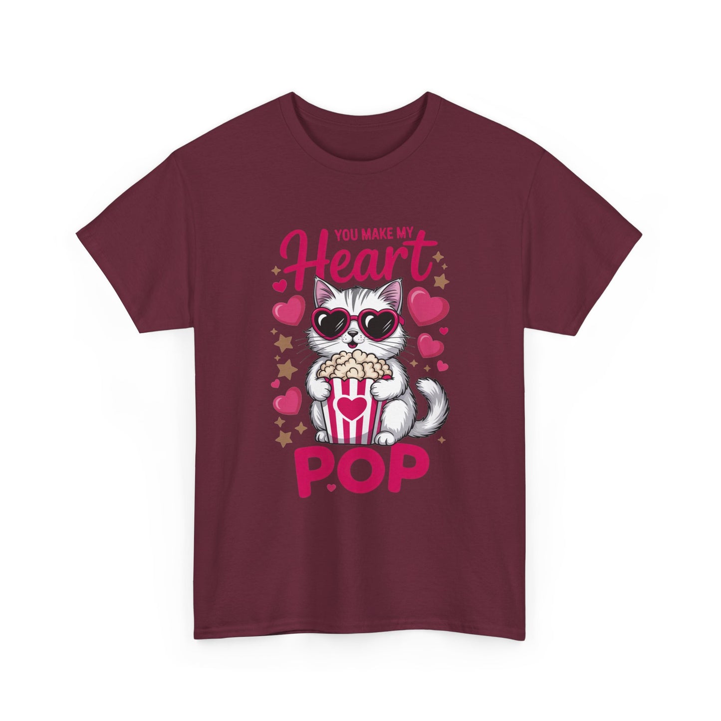 T-Shirt — "You Make My Heart Pop" Cute Cat Popcorn