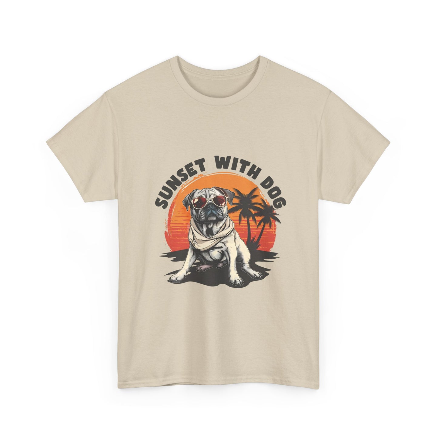 Sunset With Dog T-Shirt – Retro Beach Pug Tee
