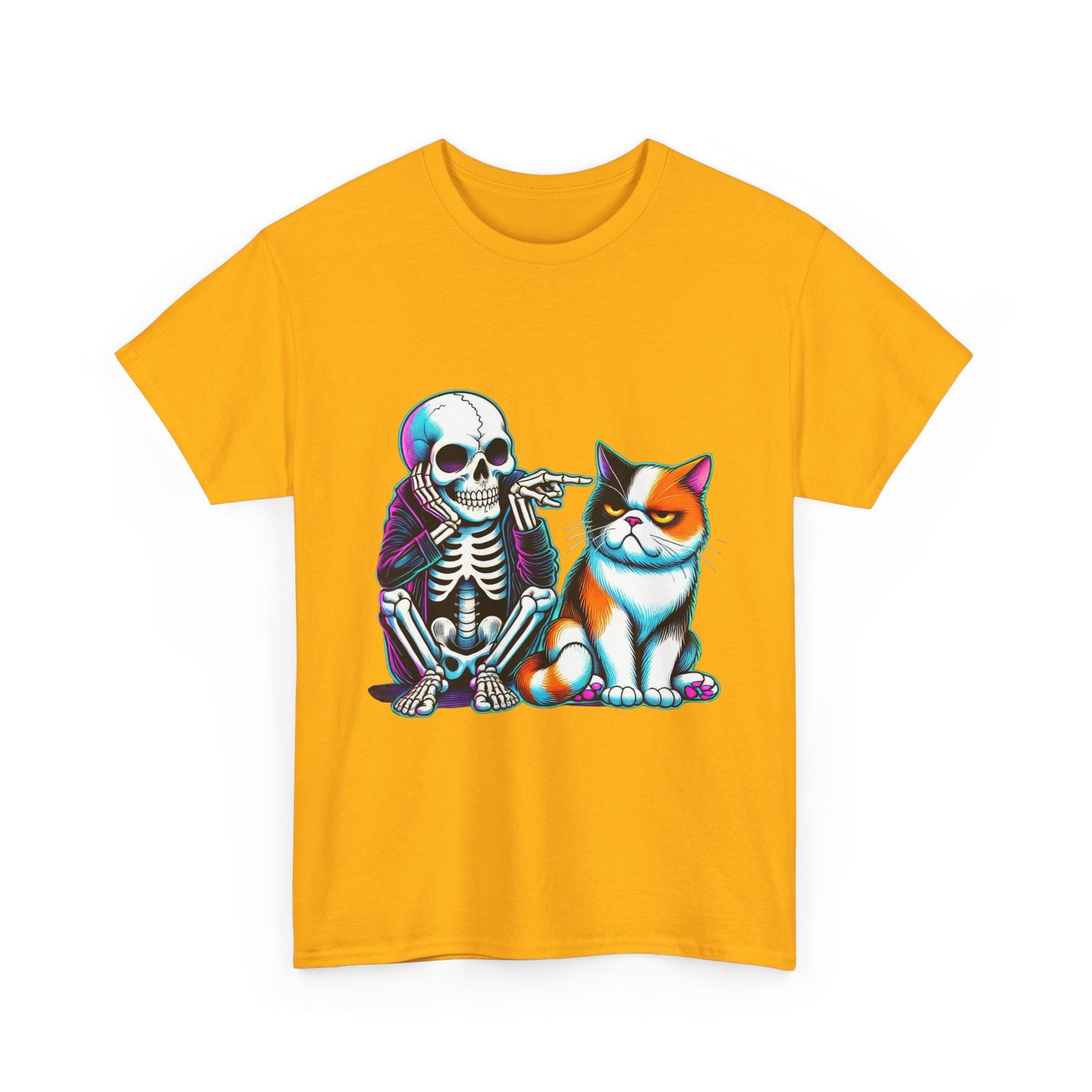 Skeleton & Cat Graphic Tee — Retro Neon Spooky Cat Shirt