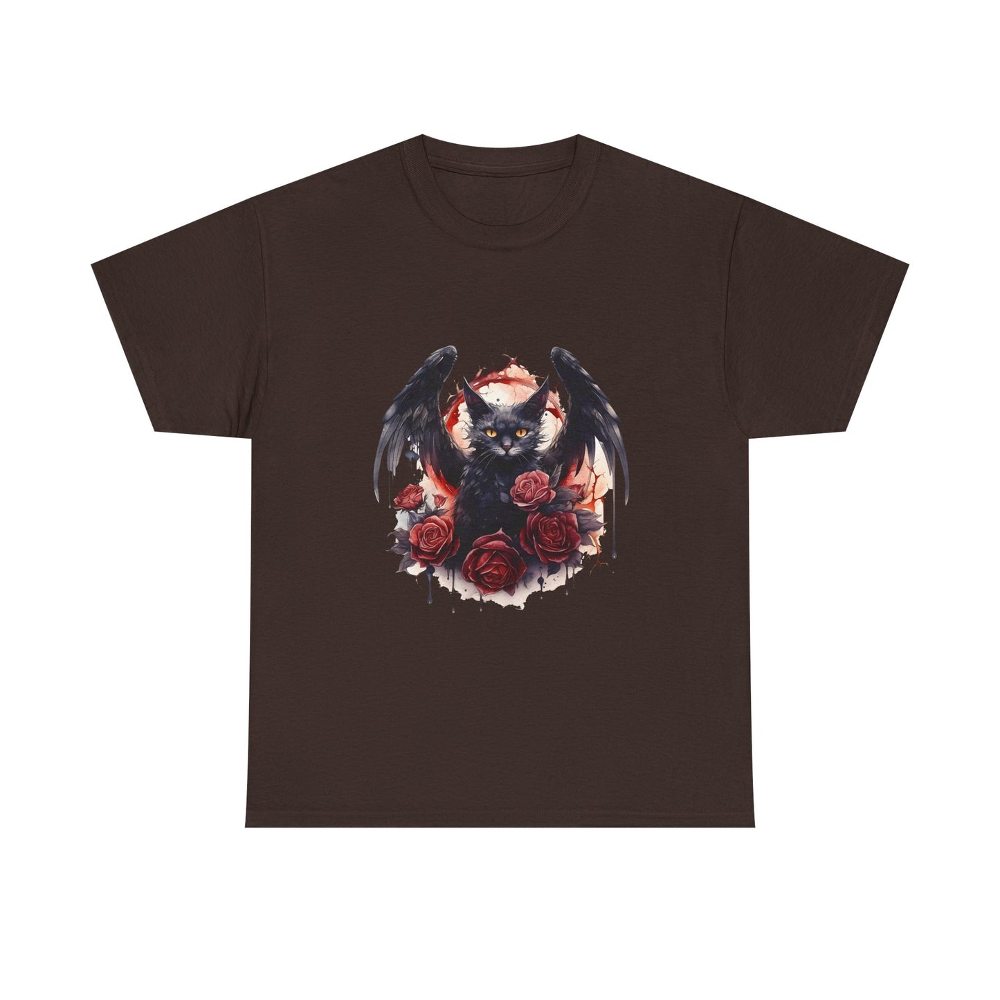 Cat Demon Tee — Gothic Bat-Wing Cat with Roses Graphic Shirt