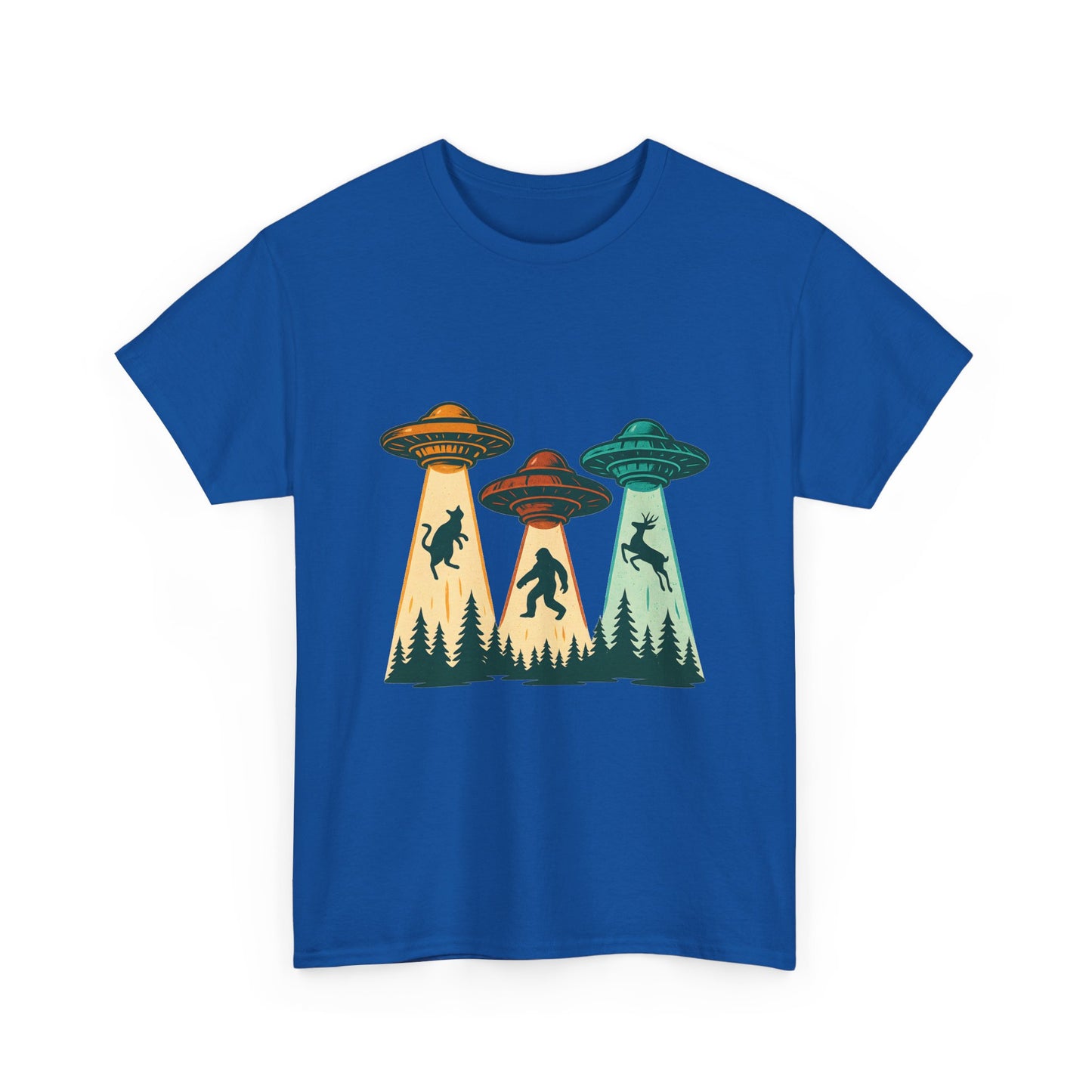 Alien Abduction UFO Tee — Retro Forest Beams T‑Shirt