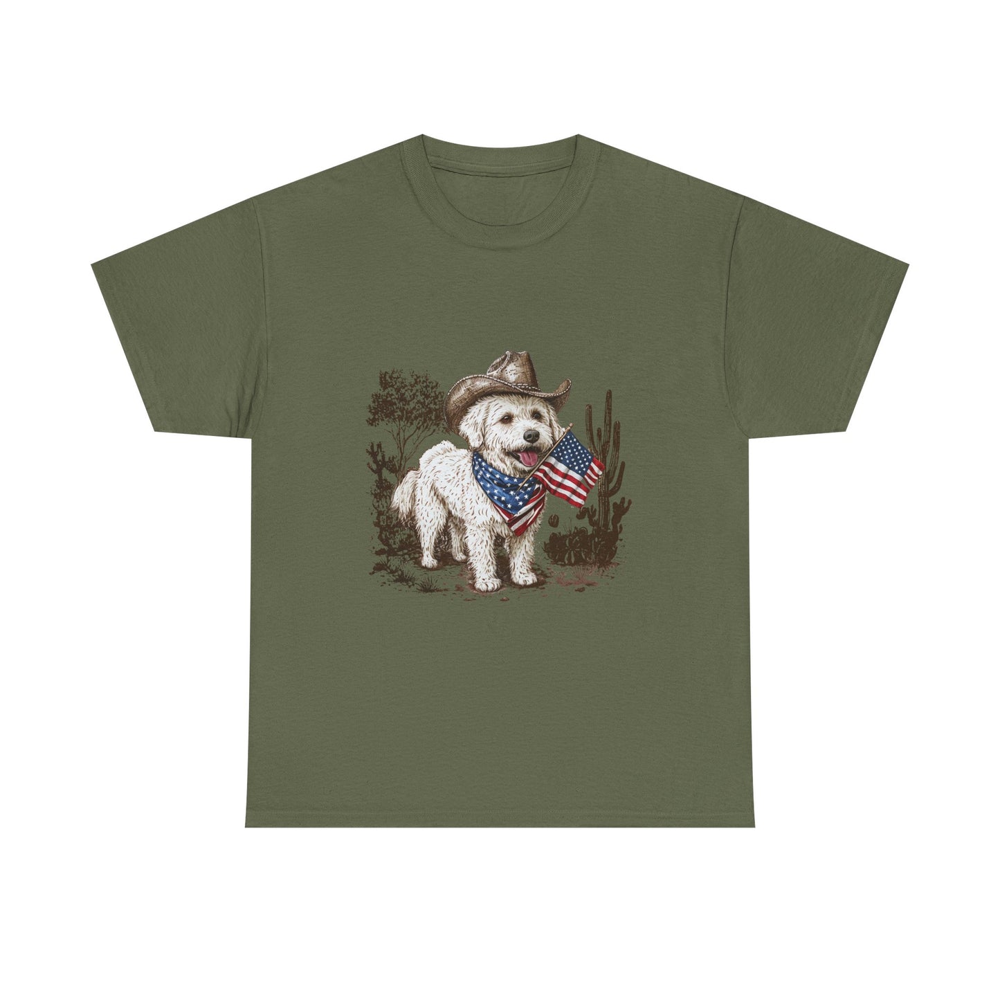 Patriotic Puppy Tee — Cowboy Dog with American Flag