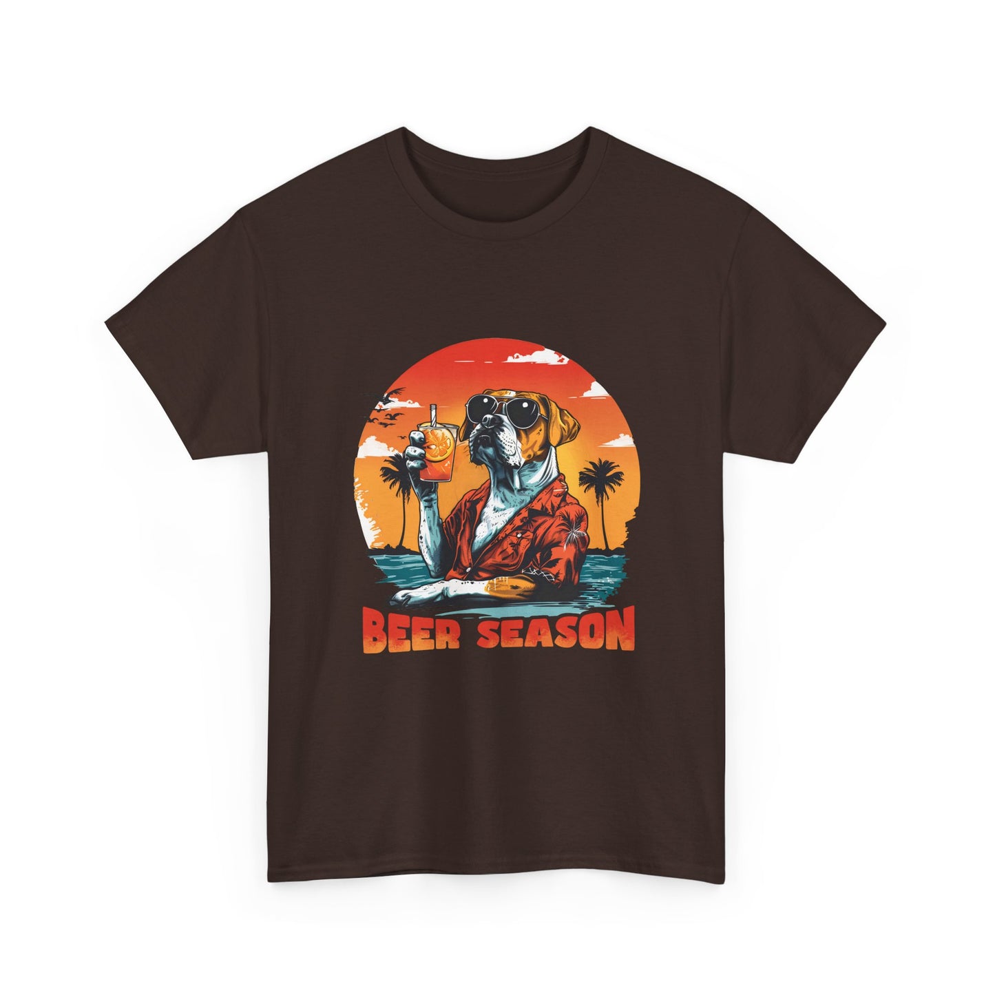 Beer Season T-Shirt — Vintage Sunset Dog Holding Beer