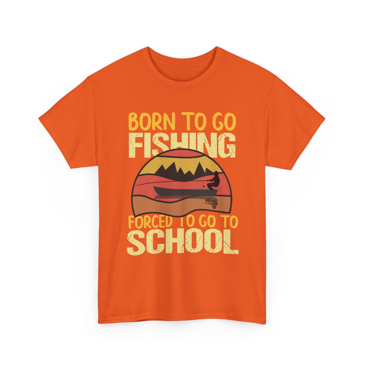 Fishing Graphic Tee - "Born to Go Fishing, Forced to Go to School" Retro Sunset T-Shirt for Kids & Teens
