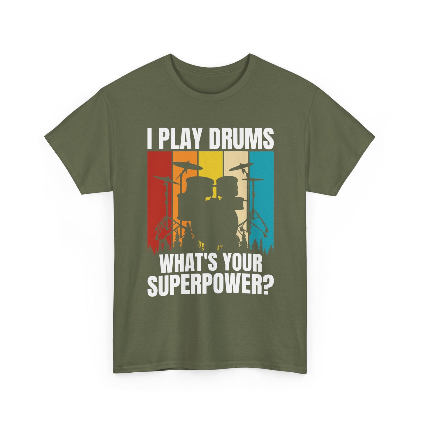 Drummer T-Shirt - "I Play Drums, What's Your Superpower?" Retro Drum Set Tee