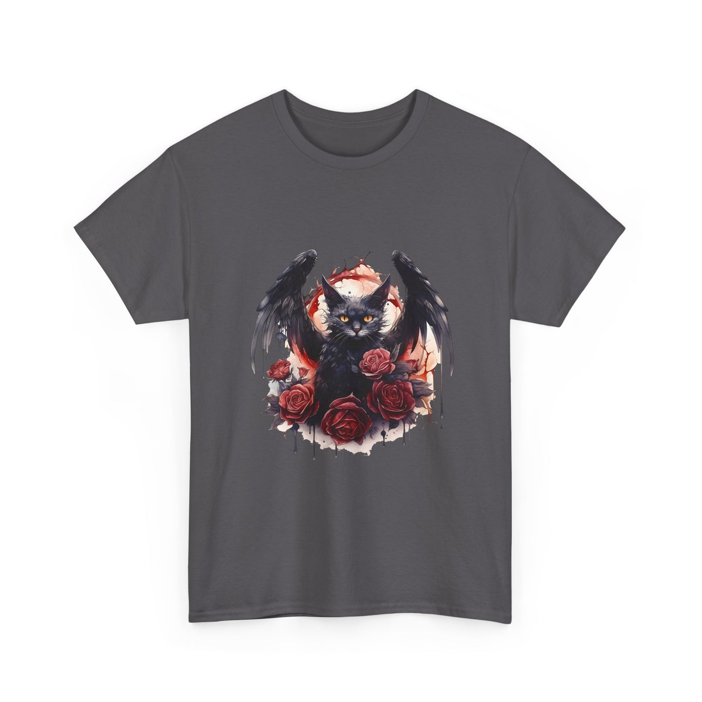Cat Demon Tee — Gothic Bat-Wing Cat with Roses Graphic Shirt