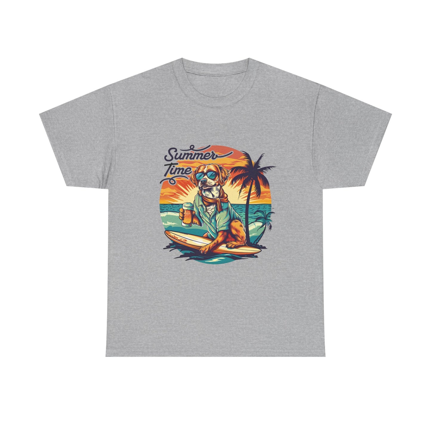 Summer Time Surfer Dog T‑Shirt — Vintage Beach Palm Surfing Dog Tee