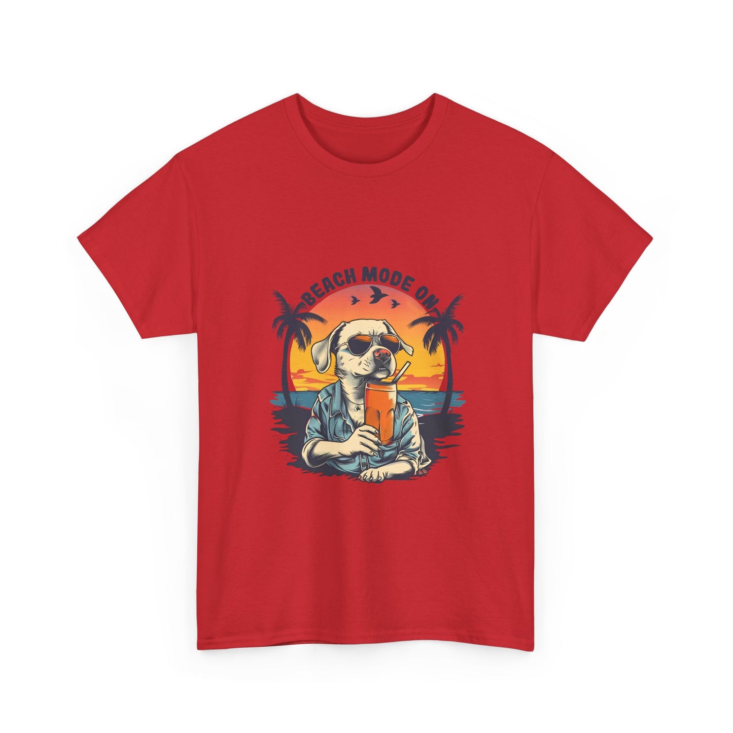 Beach Mode On T-Shirt - Retro Sunglasses Dog Drinking Cocktail, Summer Vacation Tee