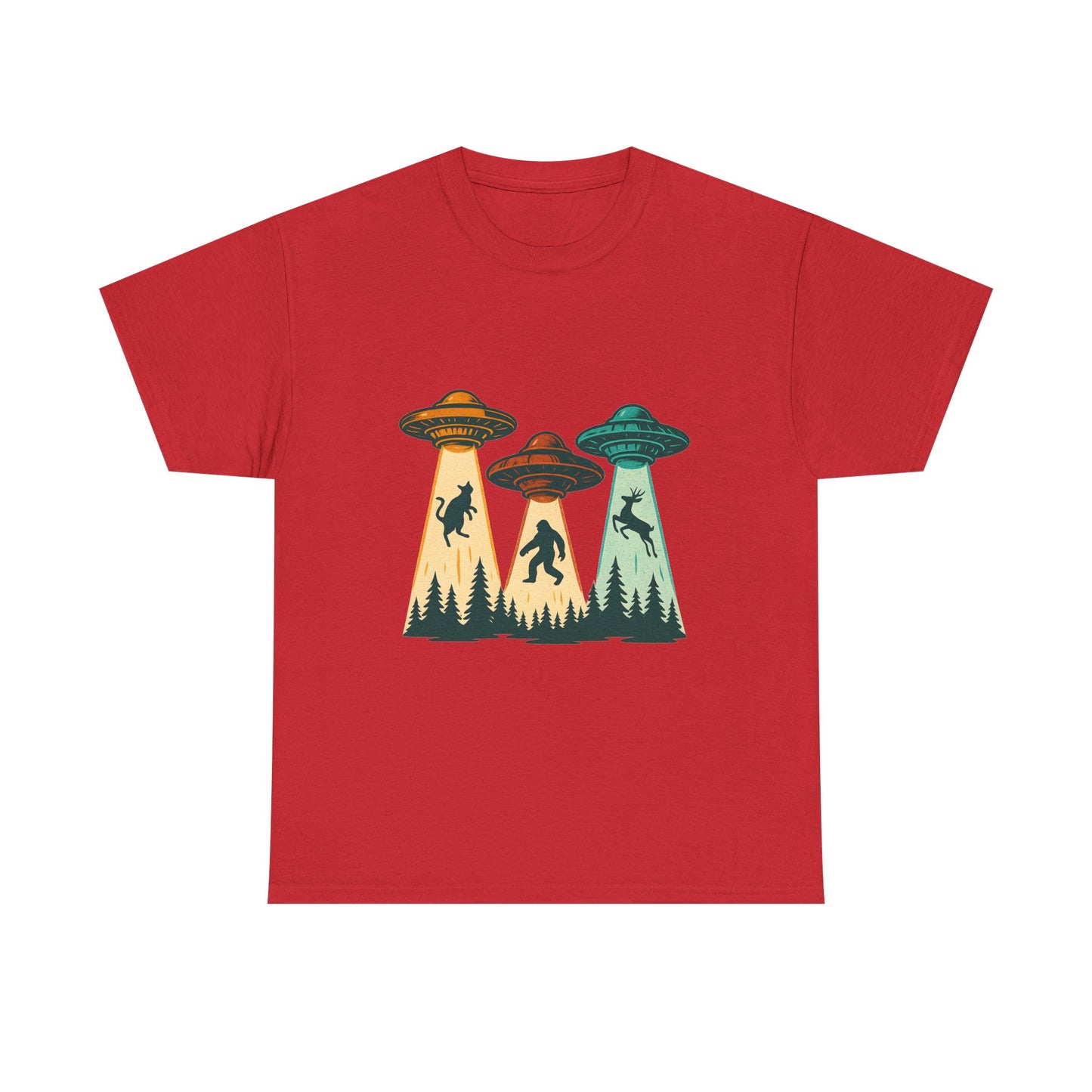 Alien Abduction UFO Tee — Retro Forest Beams T‑Shirt