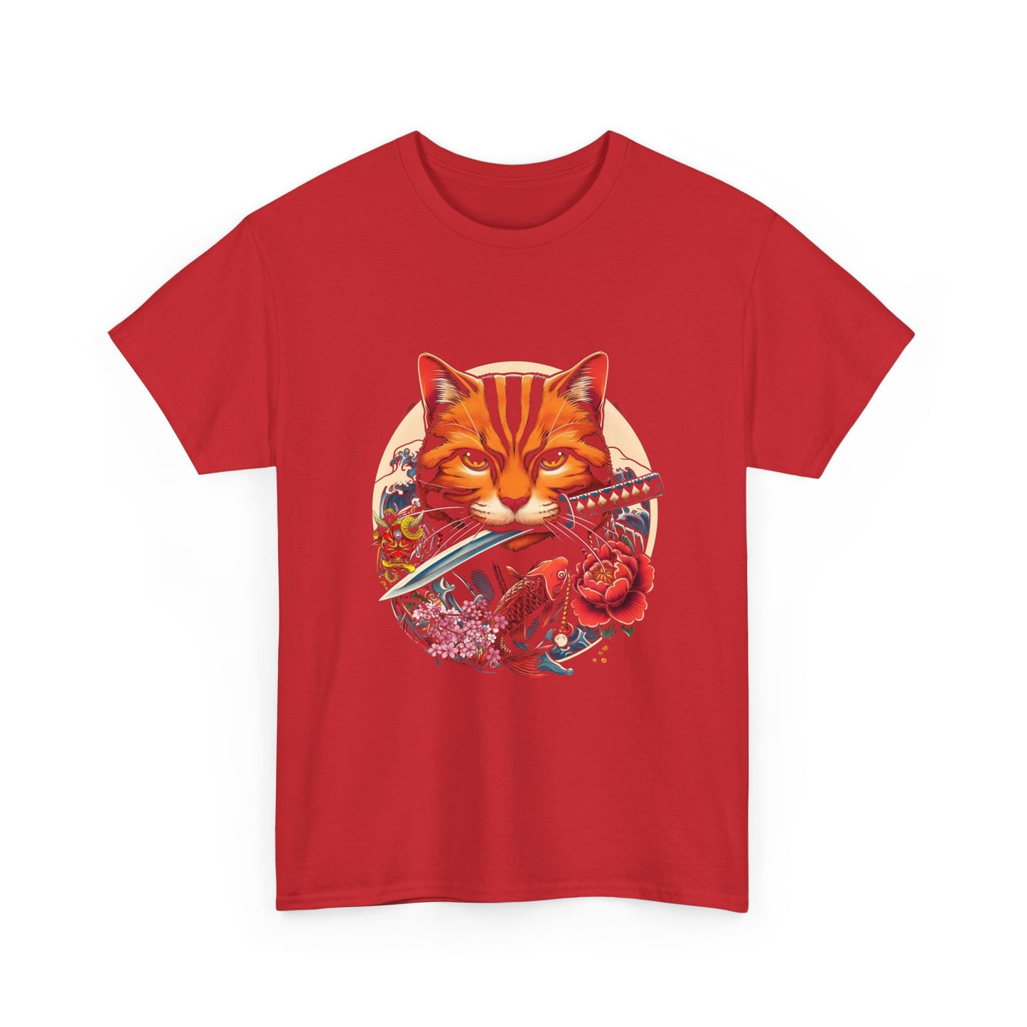 Cat Samurai T‑Shirt — Orange Tabby with Sword & Floral Crest