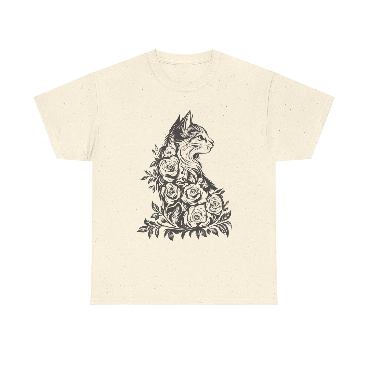 Floral Cat Tee — Vintage Black & White Cat with Roses T-Shirt