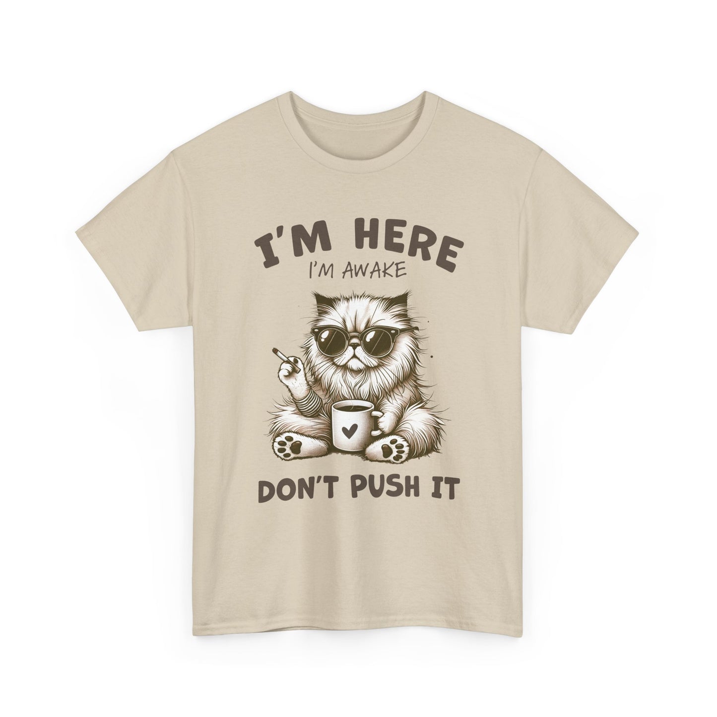 I'm Here I'm Awake Don’t Push It Cat T-Shirt — Funny Coffee Cat Tee for Cat Lovers