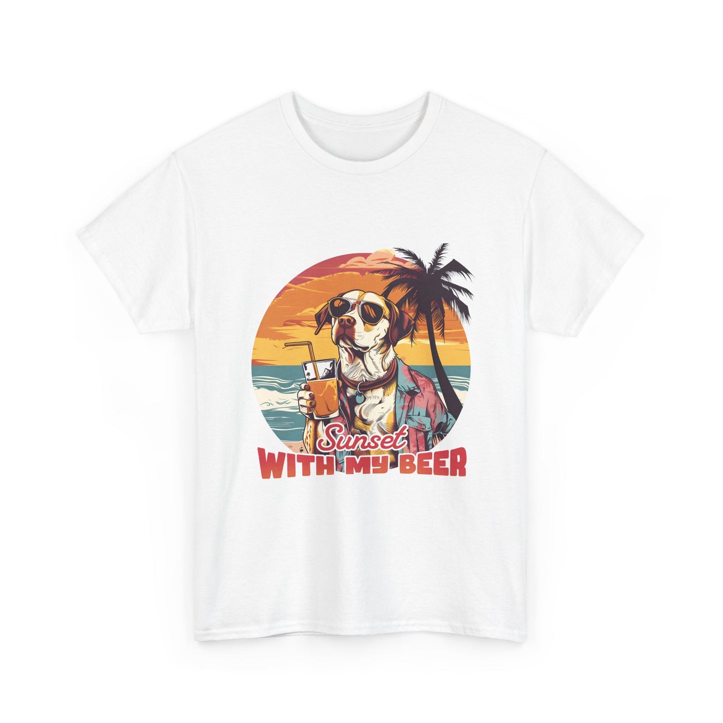 T-Shirt — Sunset With My Beer Dog Graphic Tee — Retro Tropical Beach Vibes