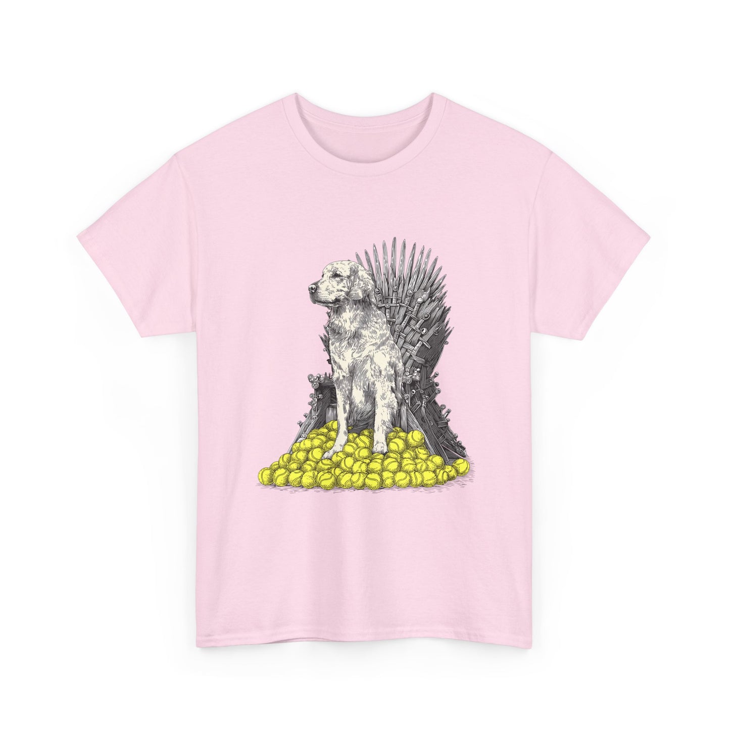 Dog Throne T‑Shirt — Dog on Iron Throne of Tennis Balls Graphic Tee