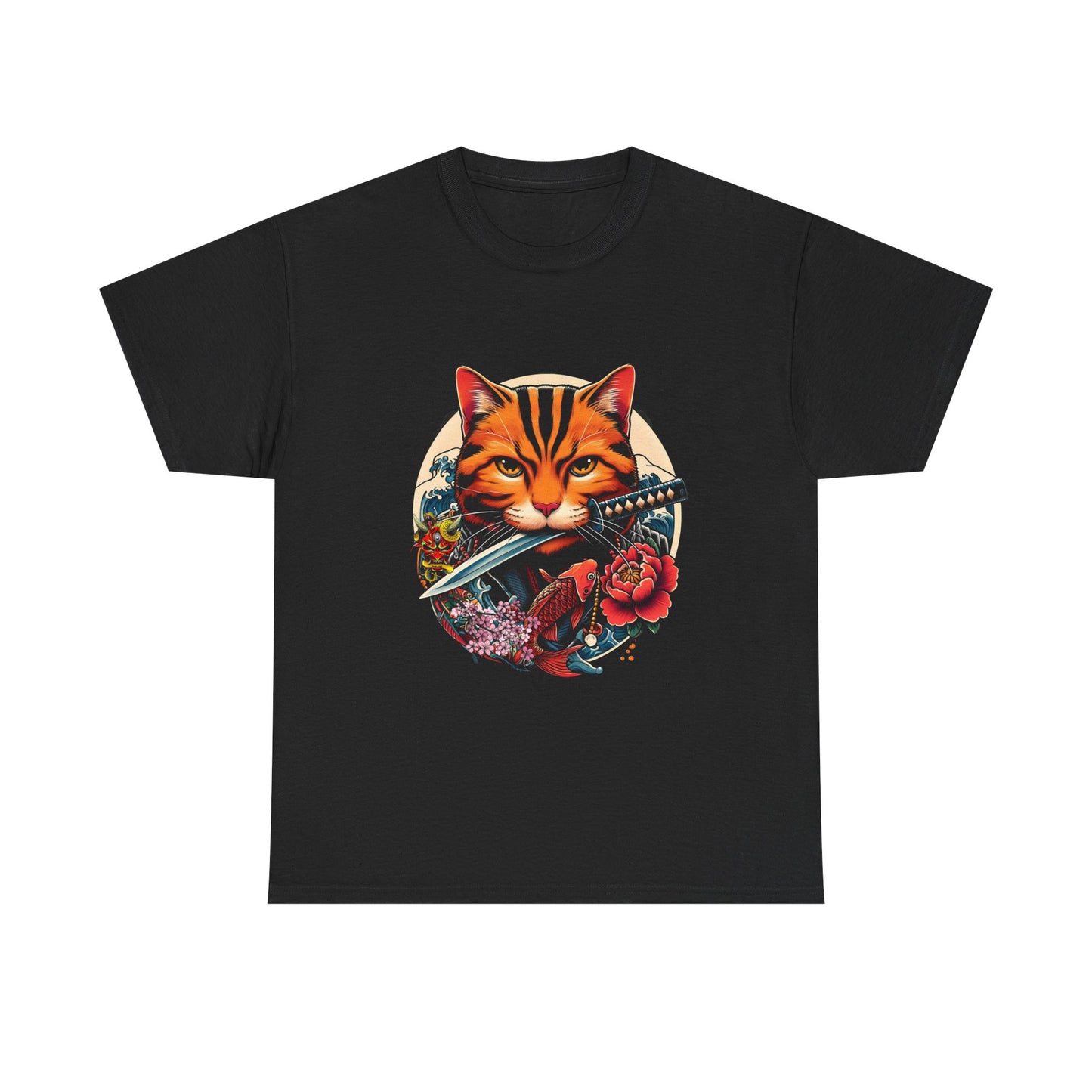 Cat Samurai T‑Shirt — Orange Tabby with Sword & Floral Crest