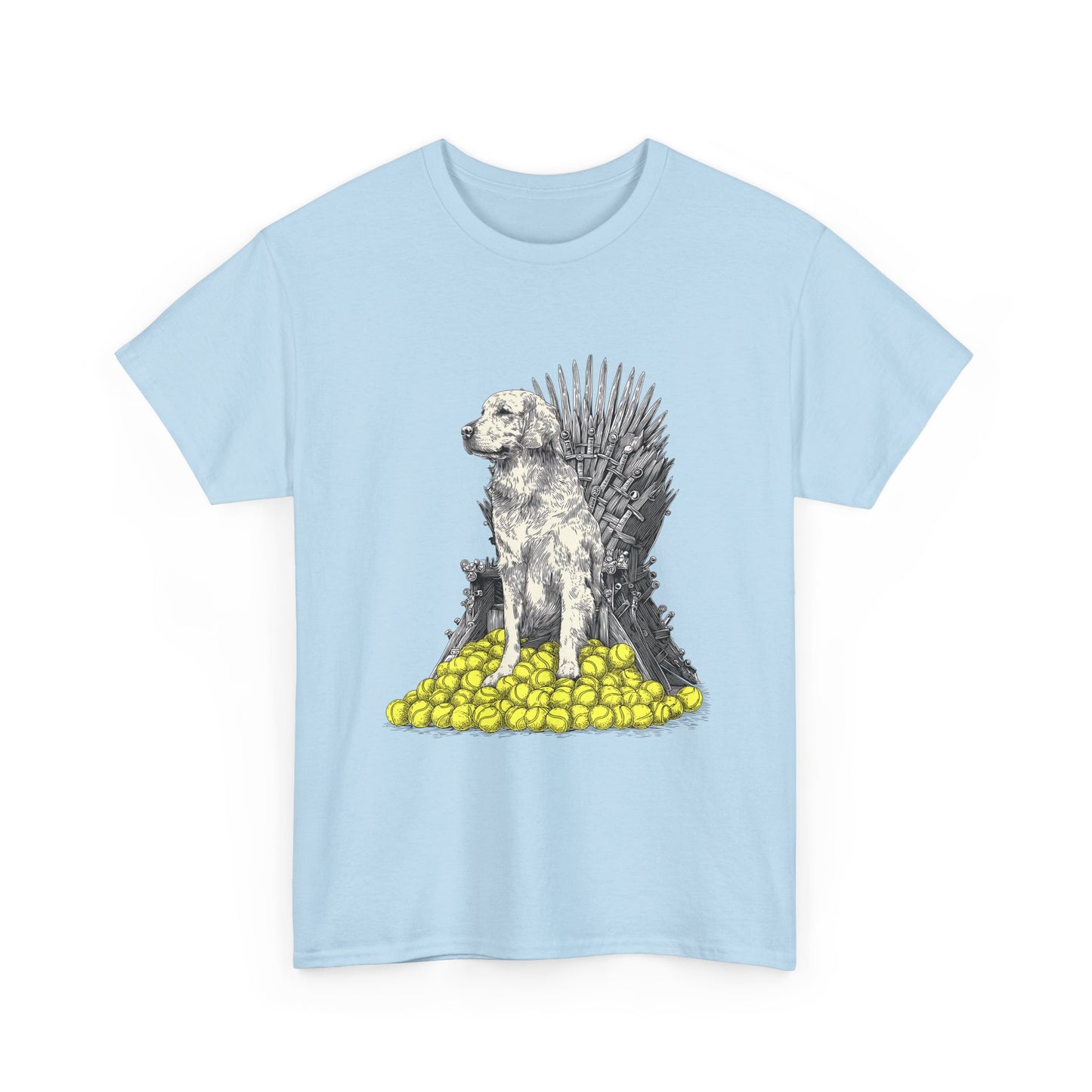 Dog Throne T‑Shirt — Dog on Iron Throne of Tennis Balls Graphic Tee