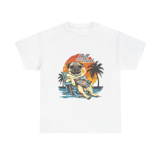 Chill Mind Pug Beach Tee — Retro Palm Sunset Vacation T‑Shirt