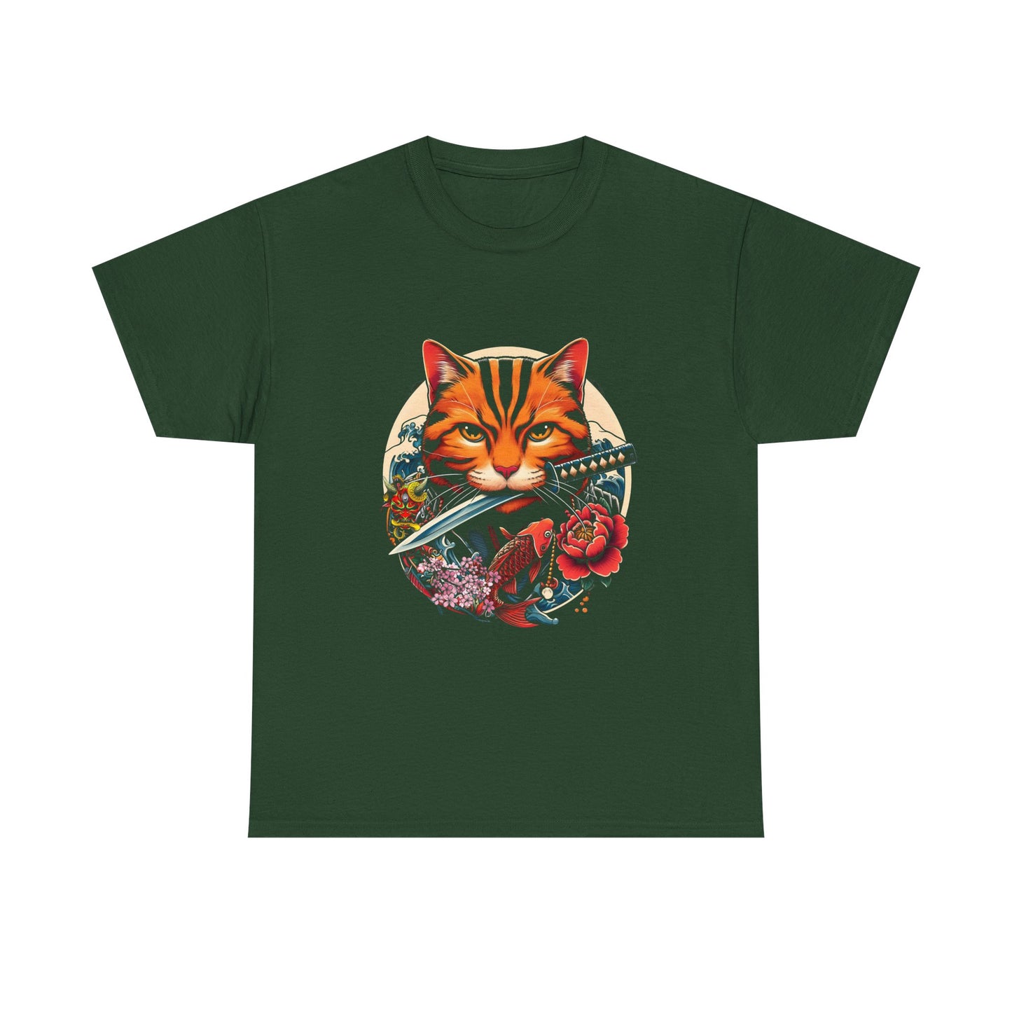 Cat Samurai T‑Shirt — Orange Tabby with Sword & Floral Crest