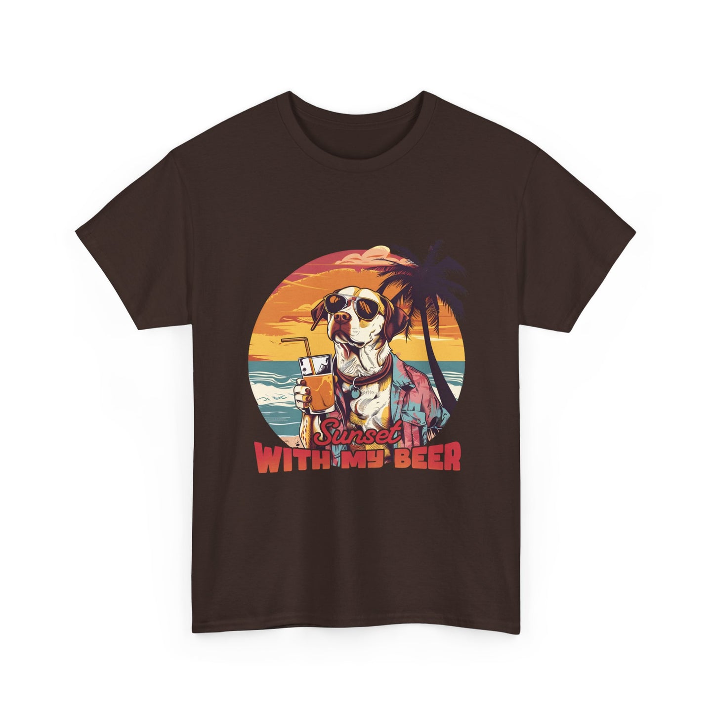 T-Shirt — Sunset With My Beer Dog Graphic Tee — Retro Tropical Beach Vibes